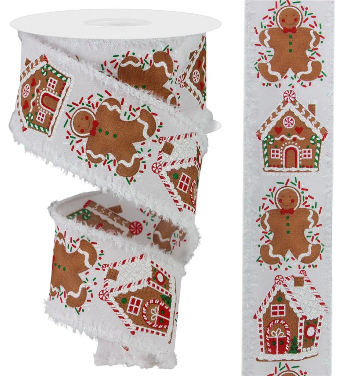 Festive Gingerbread House & Man Christmas Ribbon – 2.5"x10YD, Red/White/Green for Holiday Crafts, Wreaths, and Gift Wrapping-RGA813227